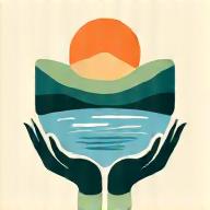 Infographic icon of a clean lake with a fish jumping, surrounded by hands holding