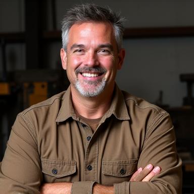 Portrait of Eli Thompson, Chief Forging Engineer, a man with a determined expression