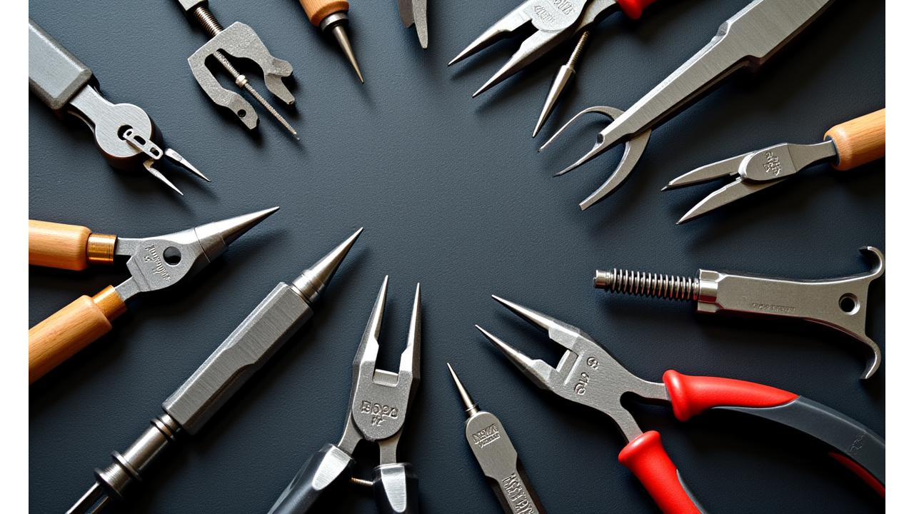 Array of precision metalworking tools meticulously arranged on a workbench, symbolizing organized craftsmanship.