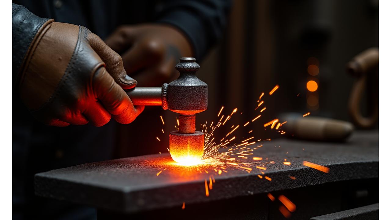 Artisan forging a custom fishing lure over an open flame, sparks flying with intense concentration, showcasing the craftsmanship and raw material transformation.