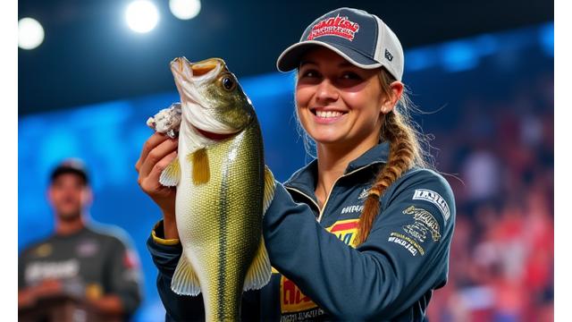 Tournament angler holding up a winning bass trophy